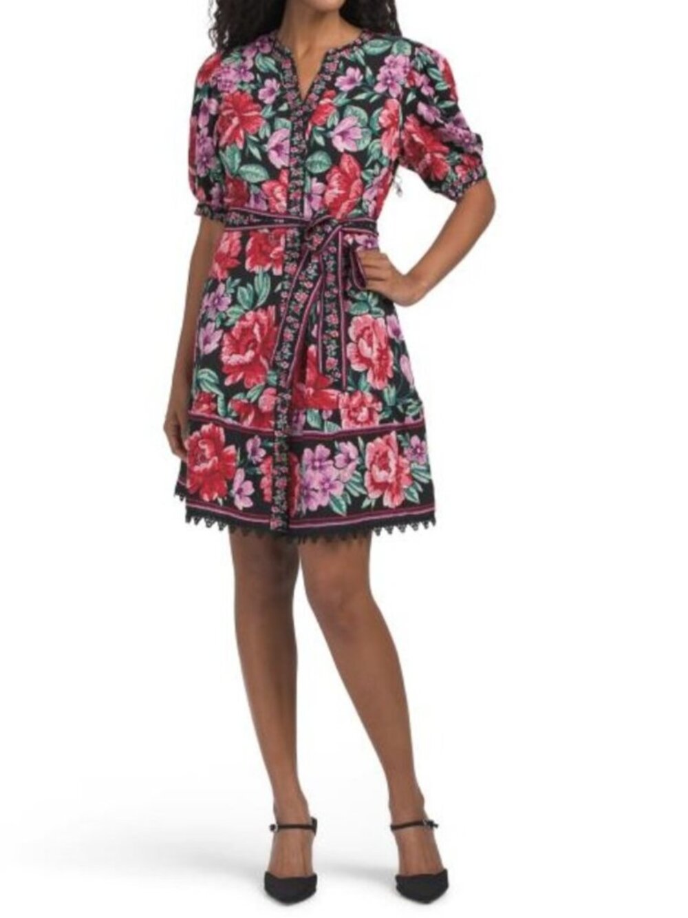 CALYPSO ST. BARTH Puff Sleeve Fit And Flare Border Print Mini Dress